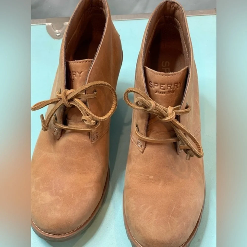 Sperry Boots Womens 7.5M Celeste Prow Ankle Booties‎ Tan Leather Wedge STS80147